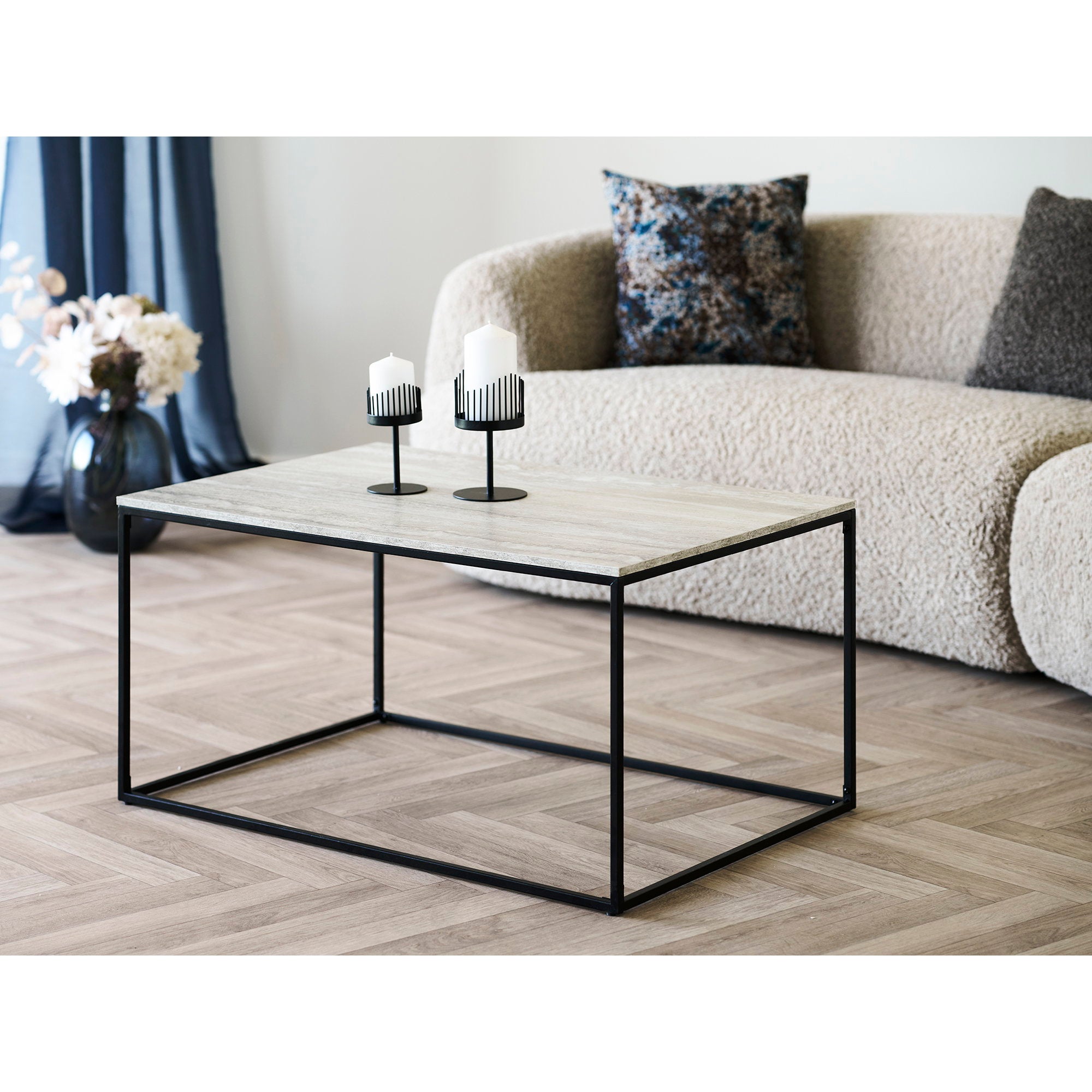 Vita salontafel travertin look met zwarte frame, 90x60x45 cm