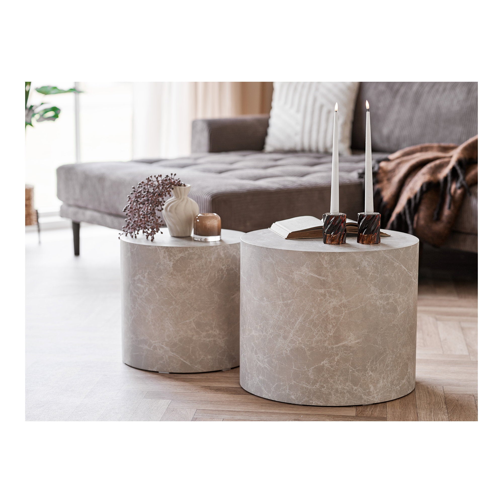Prague salontafel Marmerlook, ronde beige set van 2