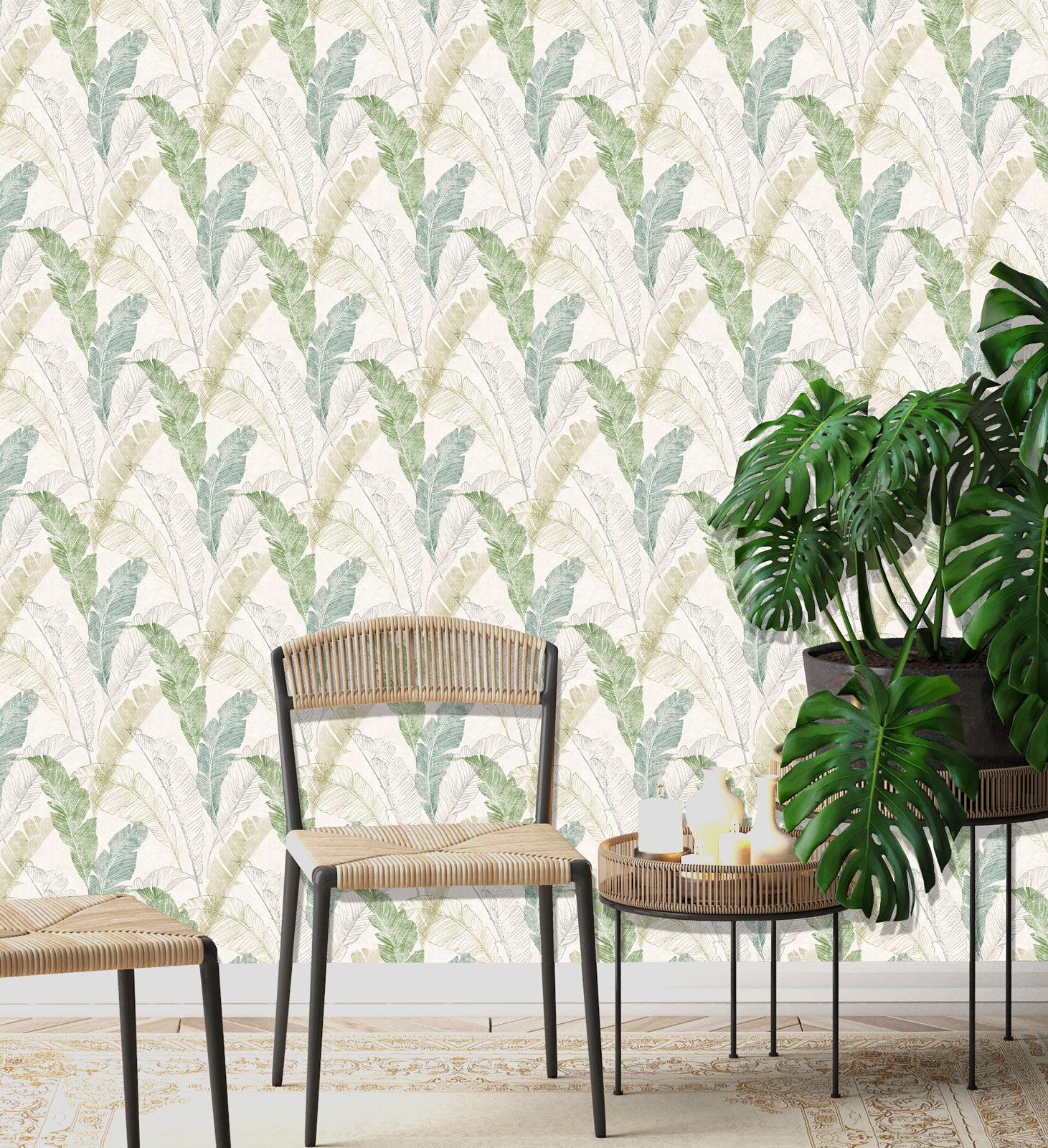 Behang Myriad Tropical Leaf grijs/groen