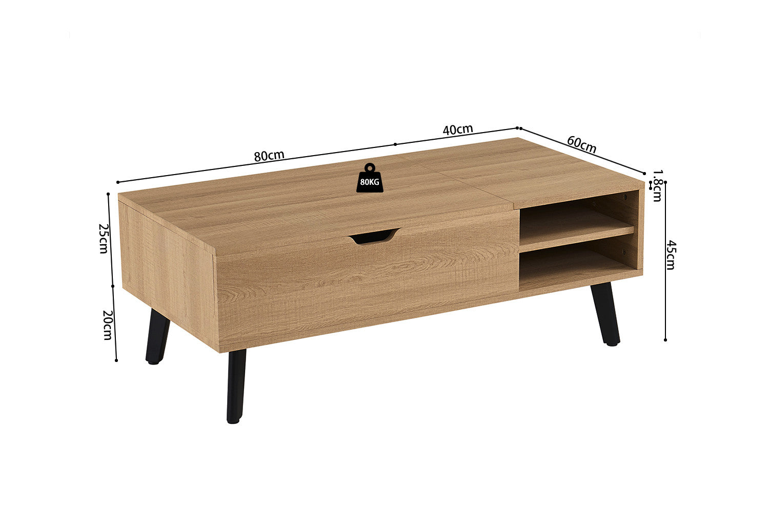 Salontafel Justine Opklapbare top Eik Naturel