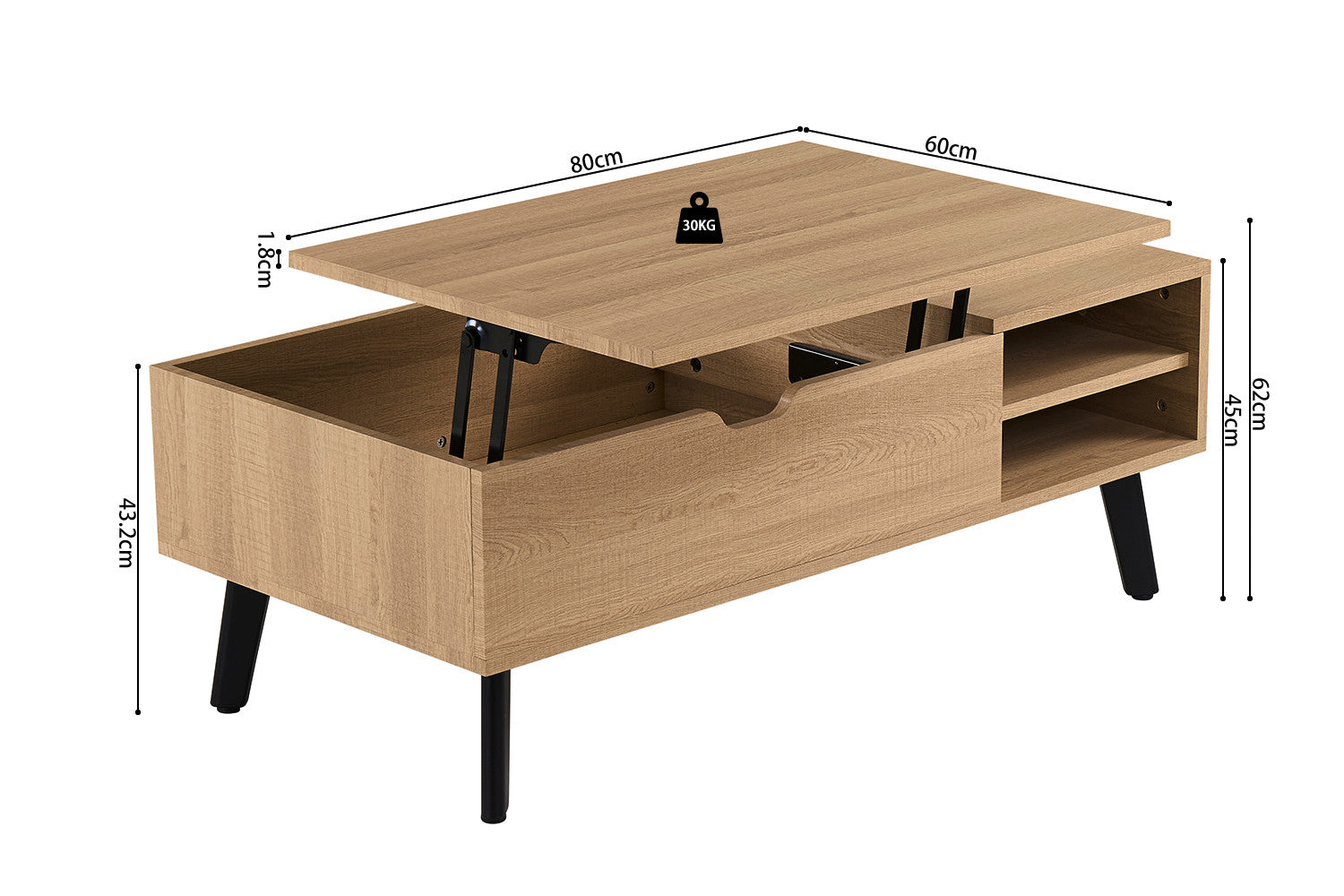 Salontafel Justine Opklapbare top Eik Naturel