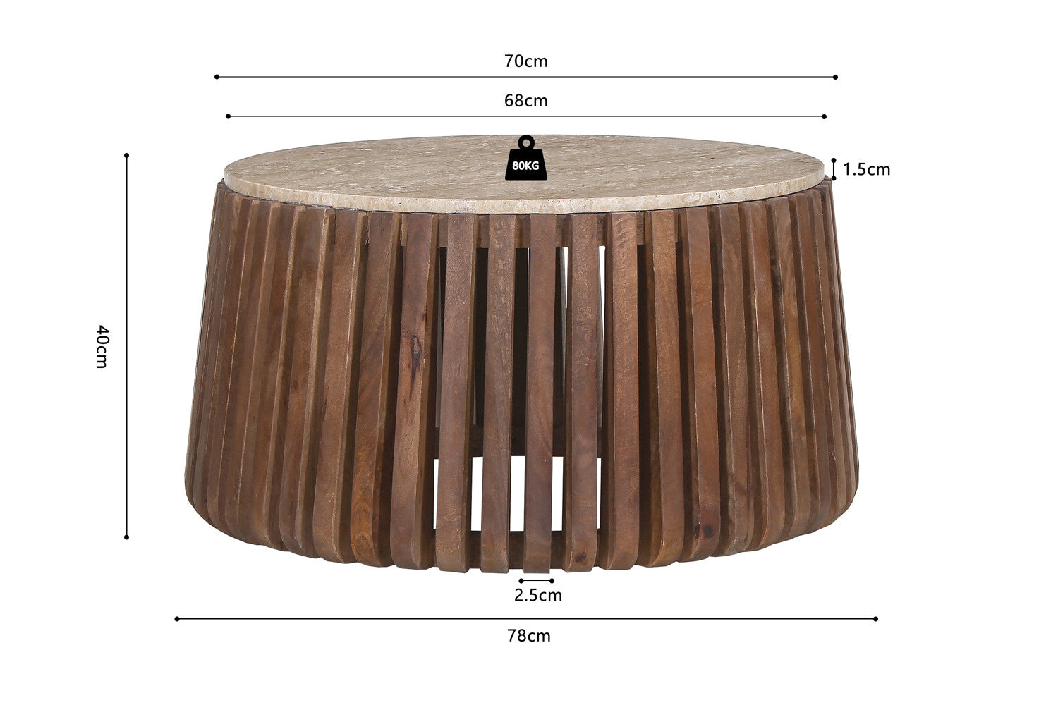 Salontafel 'Luuk' 70 cm Rond Mango hout met Travertin Beige