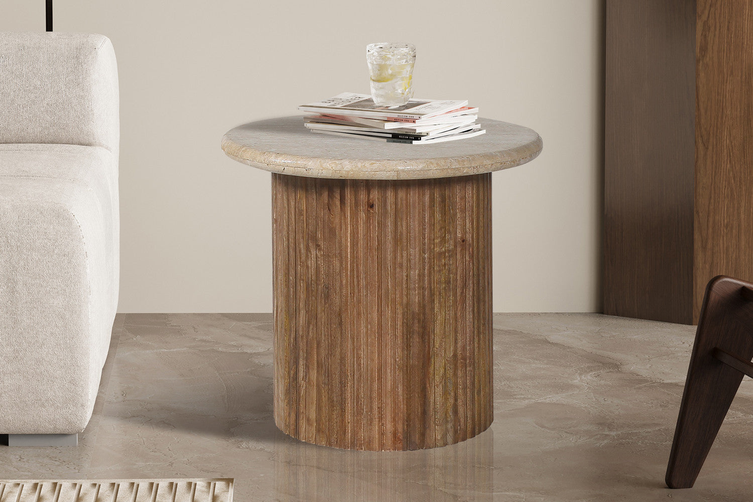 Bijzettafel Louis 50 cm Mango hout met Travertin Beige