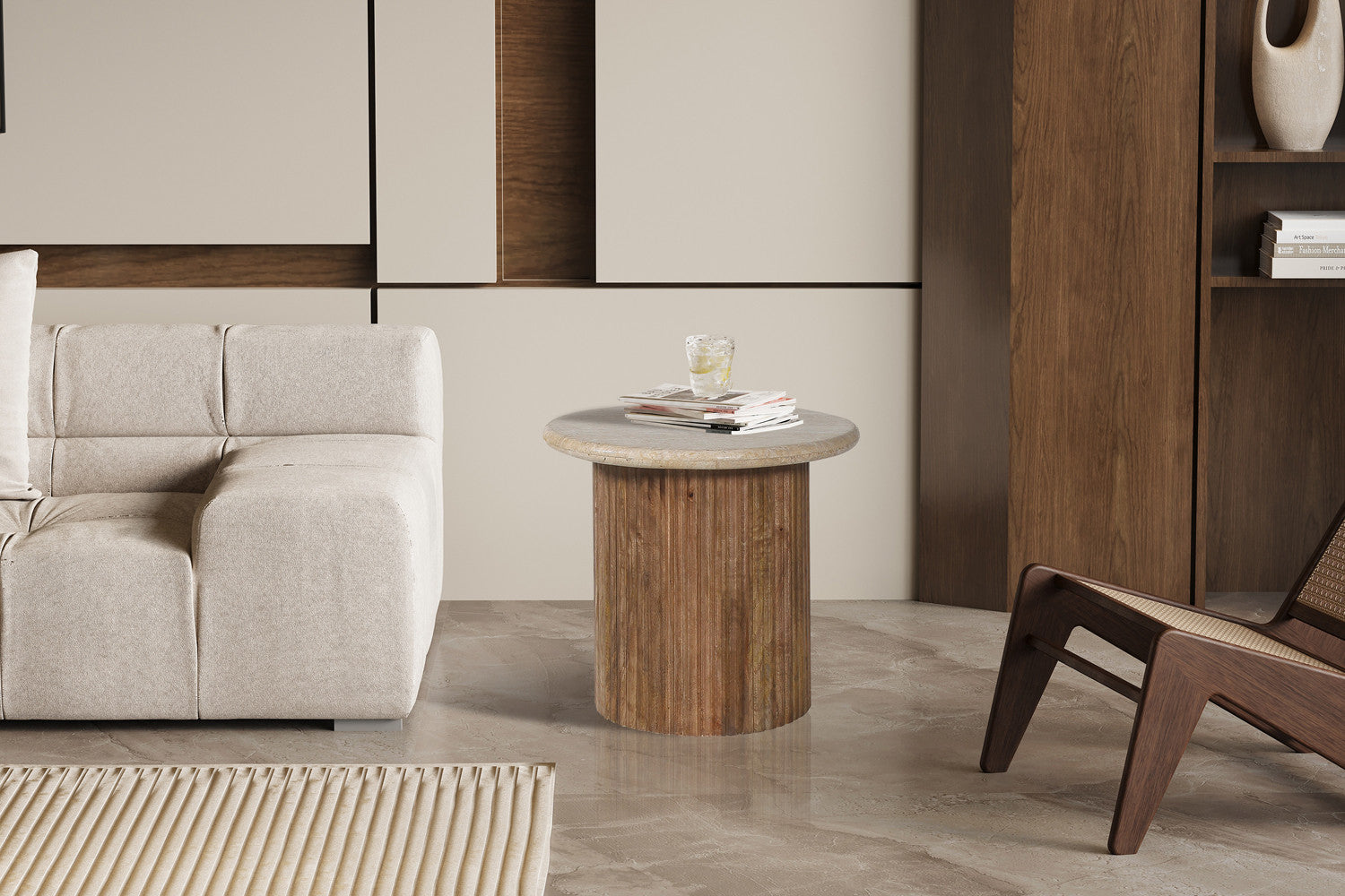Bijzettafel Louis 50 cm Mango hout met Travertin Beige
