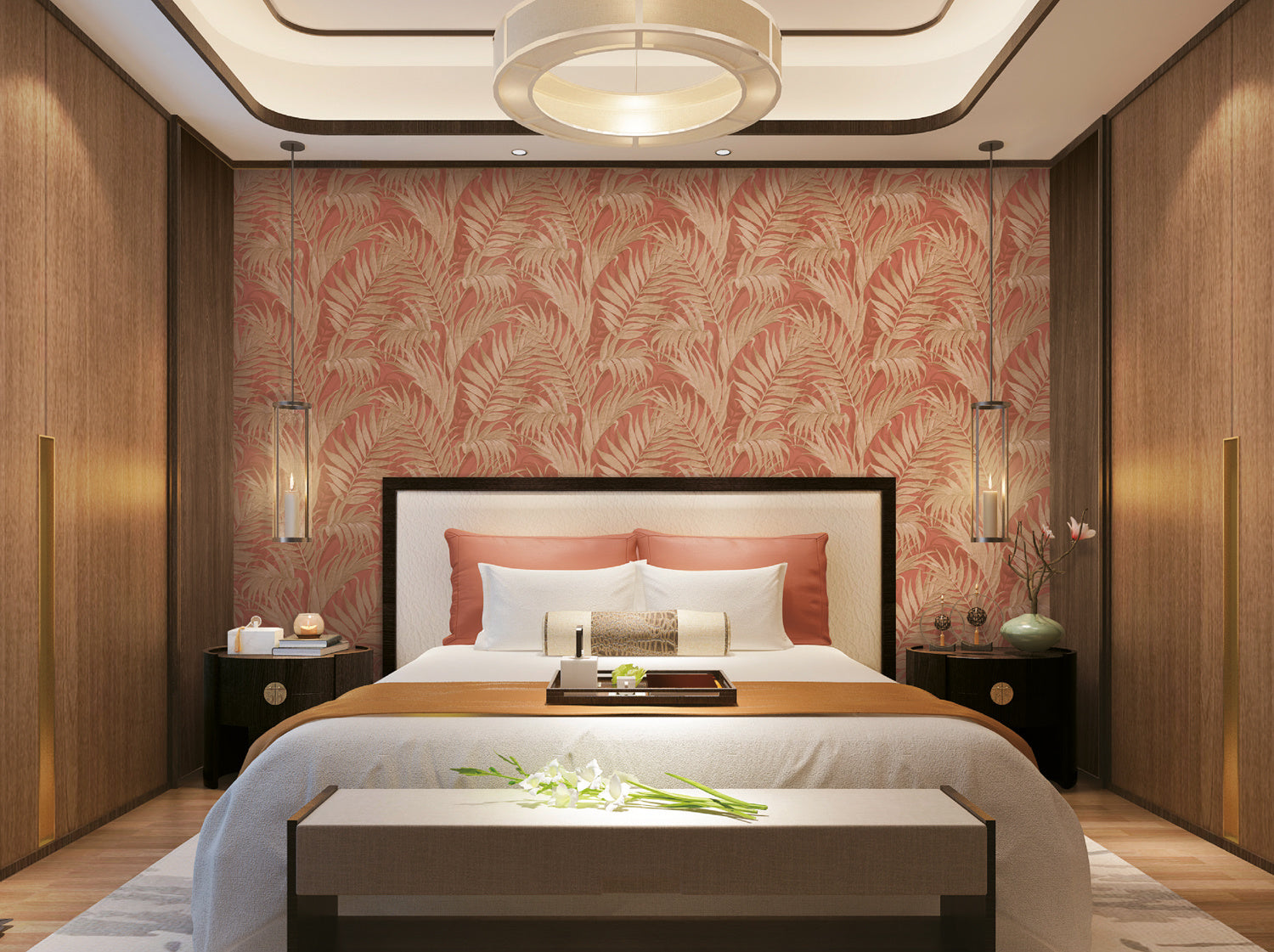 Behang Grace Tropical palm leaf brown/gold