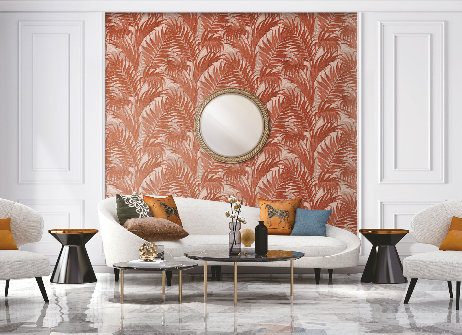Behang Grace Tropical palm leaf orange/beige