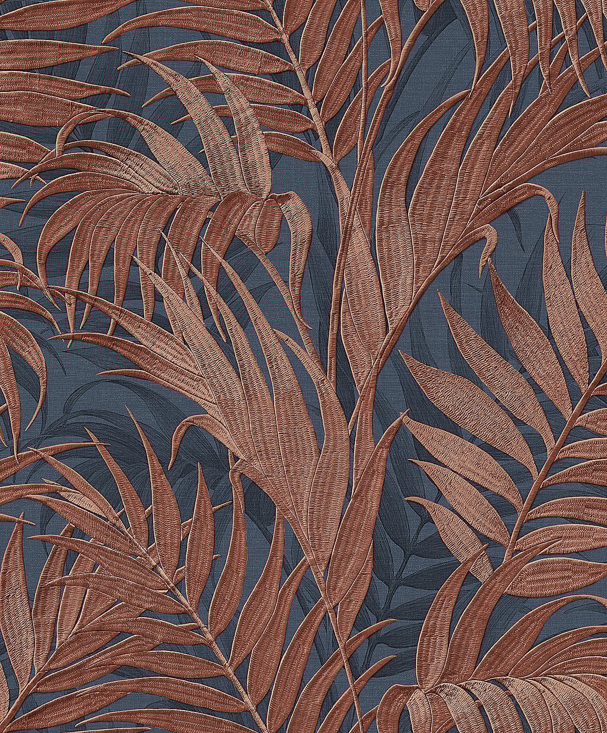 Behang Grace Tropical palm leaf blue/copper