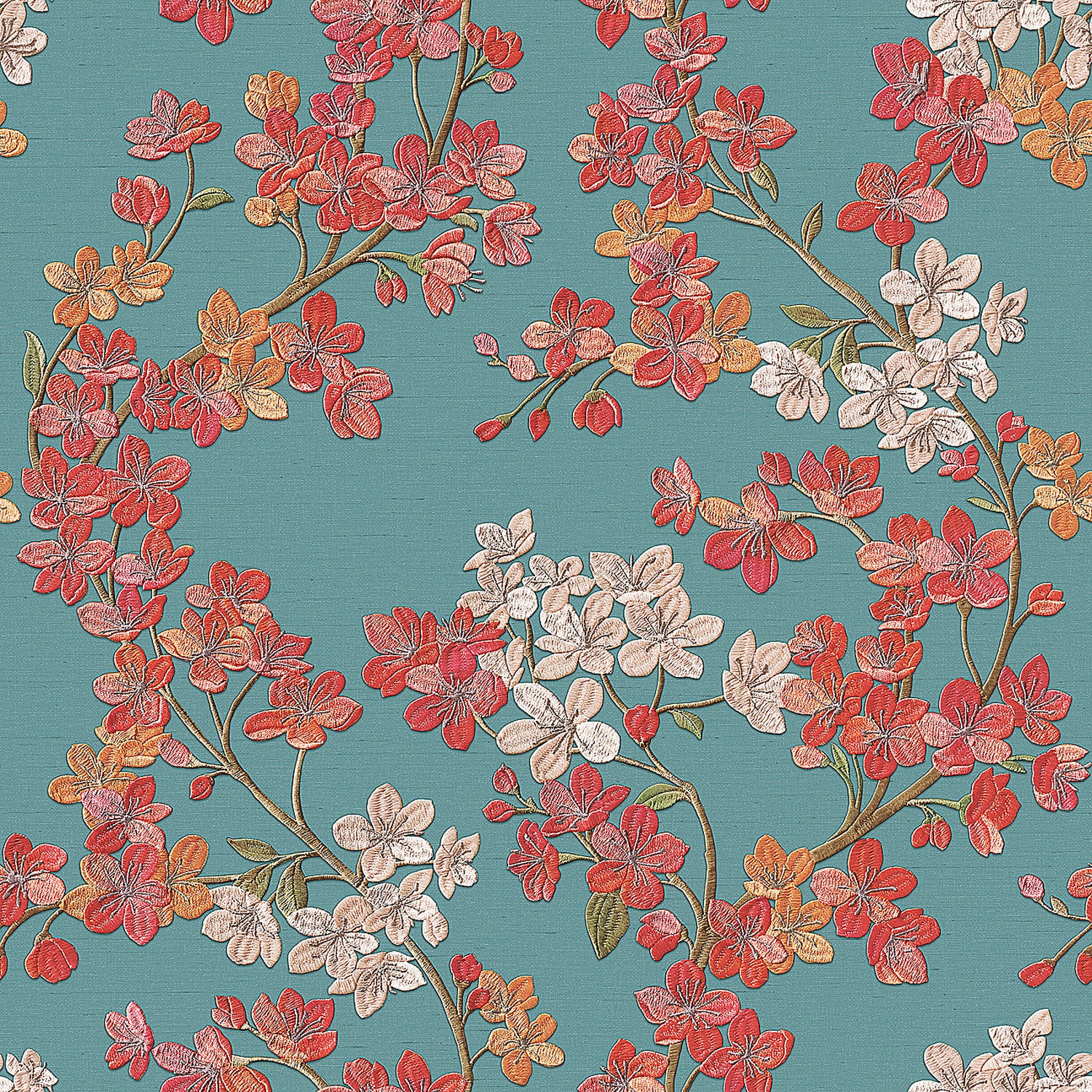 Behang Grace Cherry blossom aqua/red