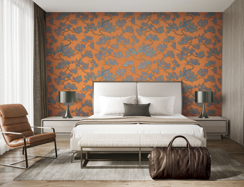 Behang Wall Fabric pine tree orange