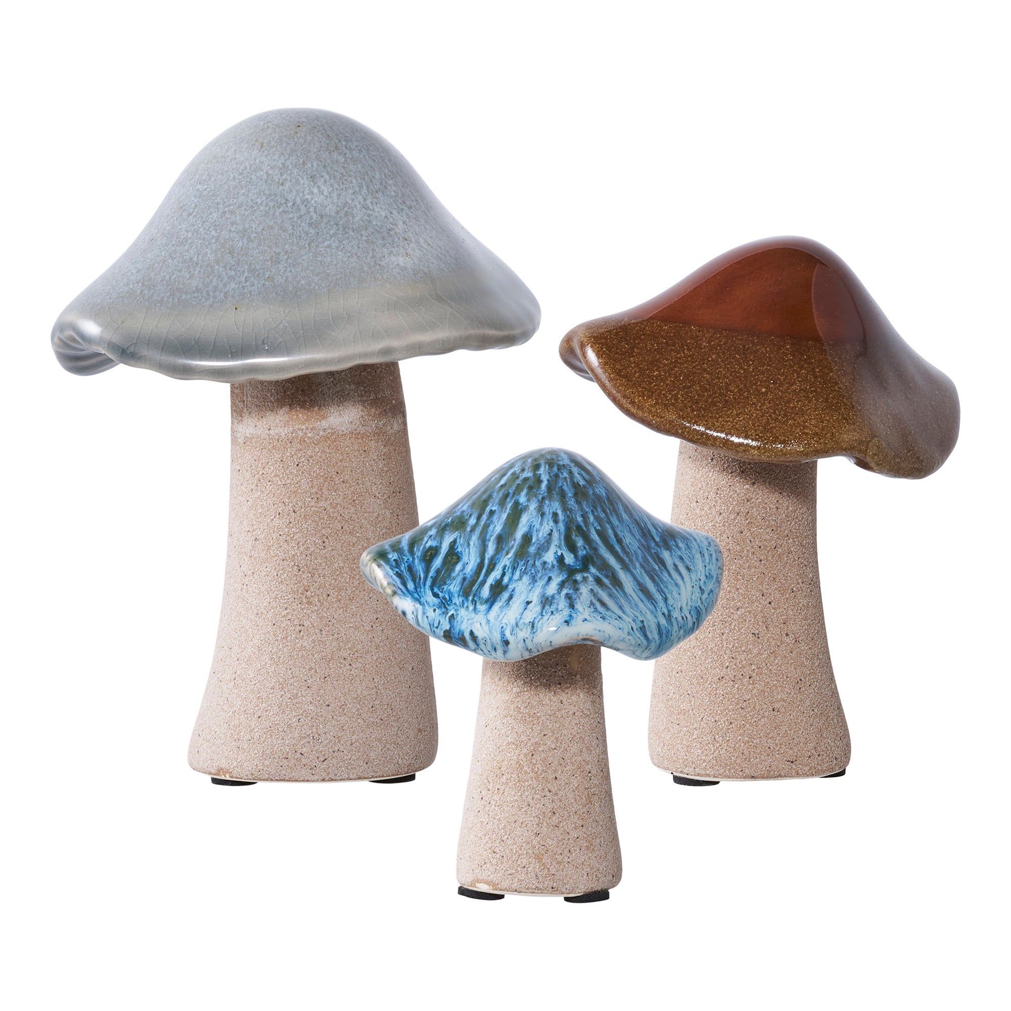 Koraalpaddenstoelen, keramiek, groen, bruin, blauw, set van 3