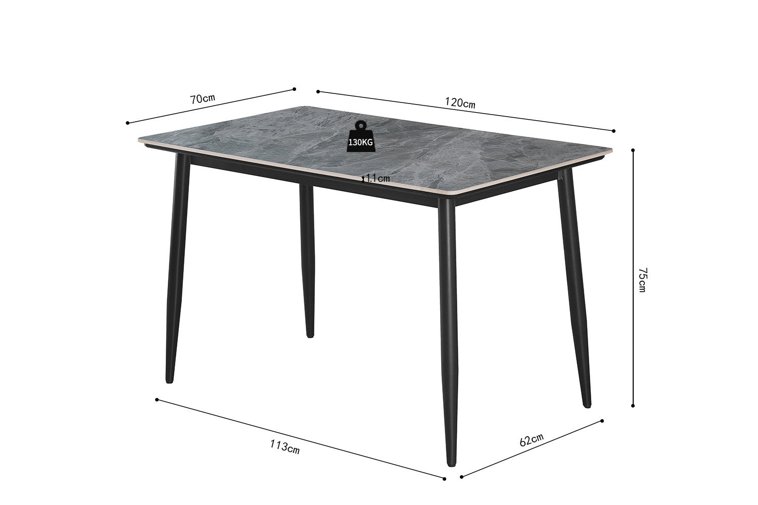 Tafel 'Kenzo' 120 cm Rechthoekig Steen Grijs