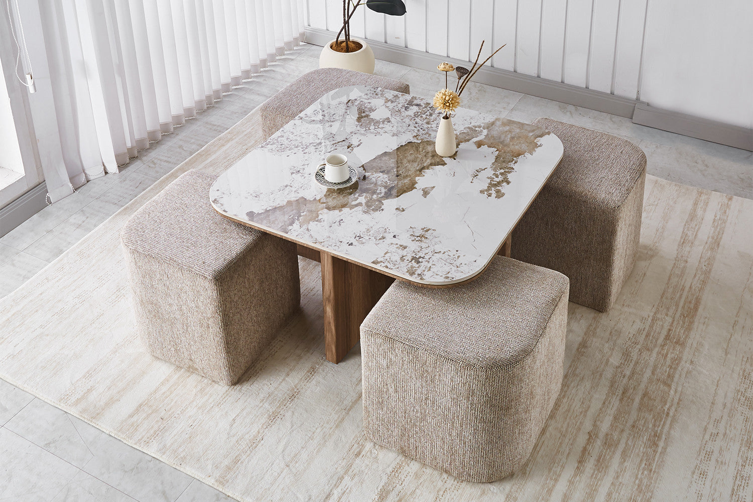 Salontafel 'Evora' met 4 poefs stof Glanzend Steen Pandora goudbruin