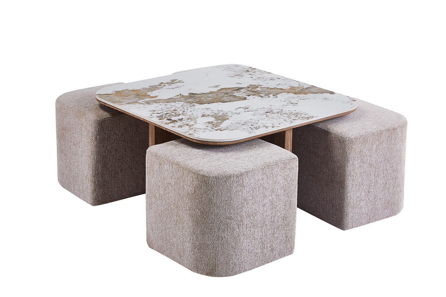 Salontafel 'Evora' met 4 poefs stof Glanzend Steen Pandora goudbruin