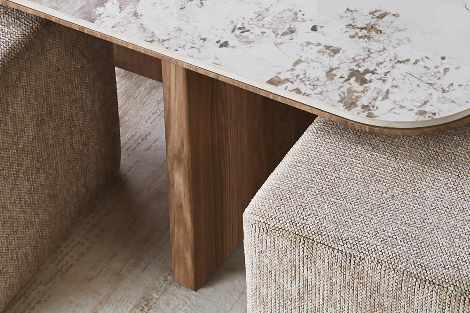 Salontafel 'Evora' met 4 poefs stof Glanzend Steen Pandora goudbruin