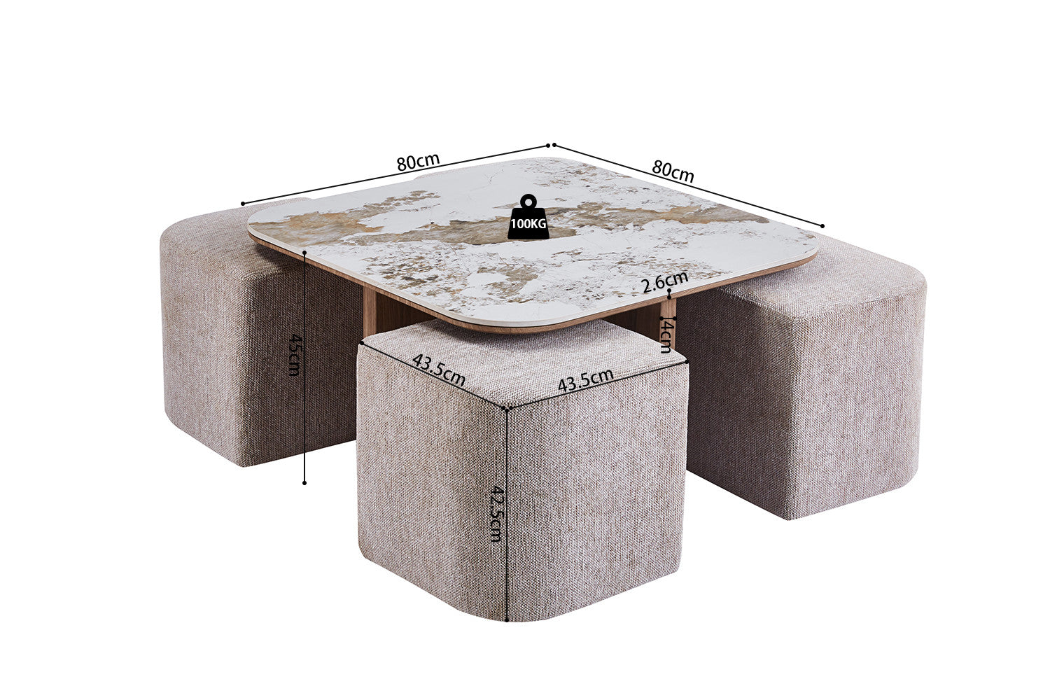 Salontafel 'Evora' met 4 poefs stof Glanzend Steen Pandora goudbruin