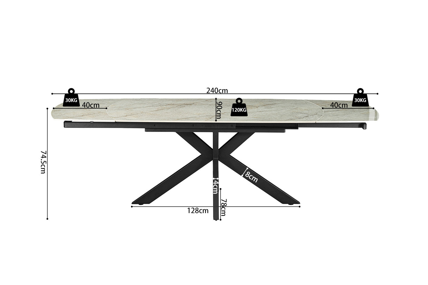 Uitschuifbare tafel Ares 160-240 cm Deens Ovaal Glanzend Steen Beige