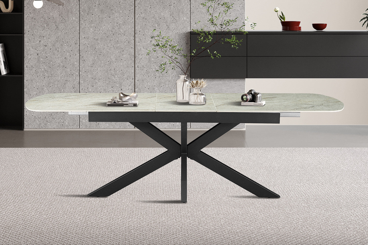 Uitschuifbare tafel 'Hestia' 180-220 cm Deens Ovaal Glanz. Steen Beige
