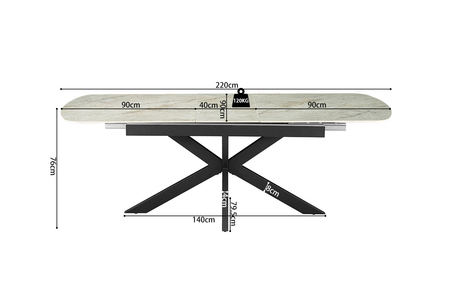 Uitschuifbare tafel 'Hestia' 180-220 cm Deens Ovaal Glanz. Steen Beige