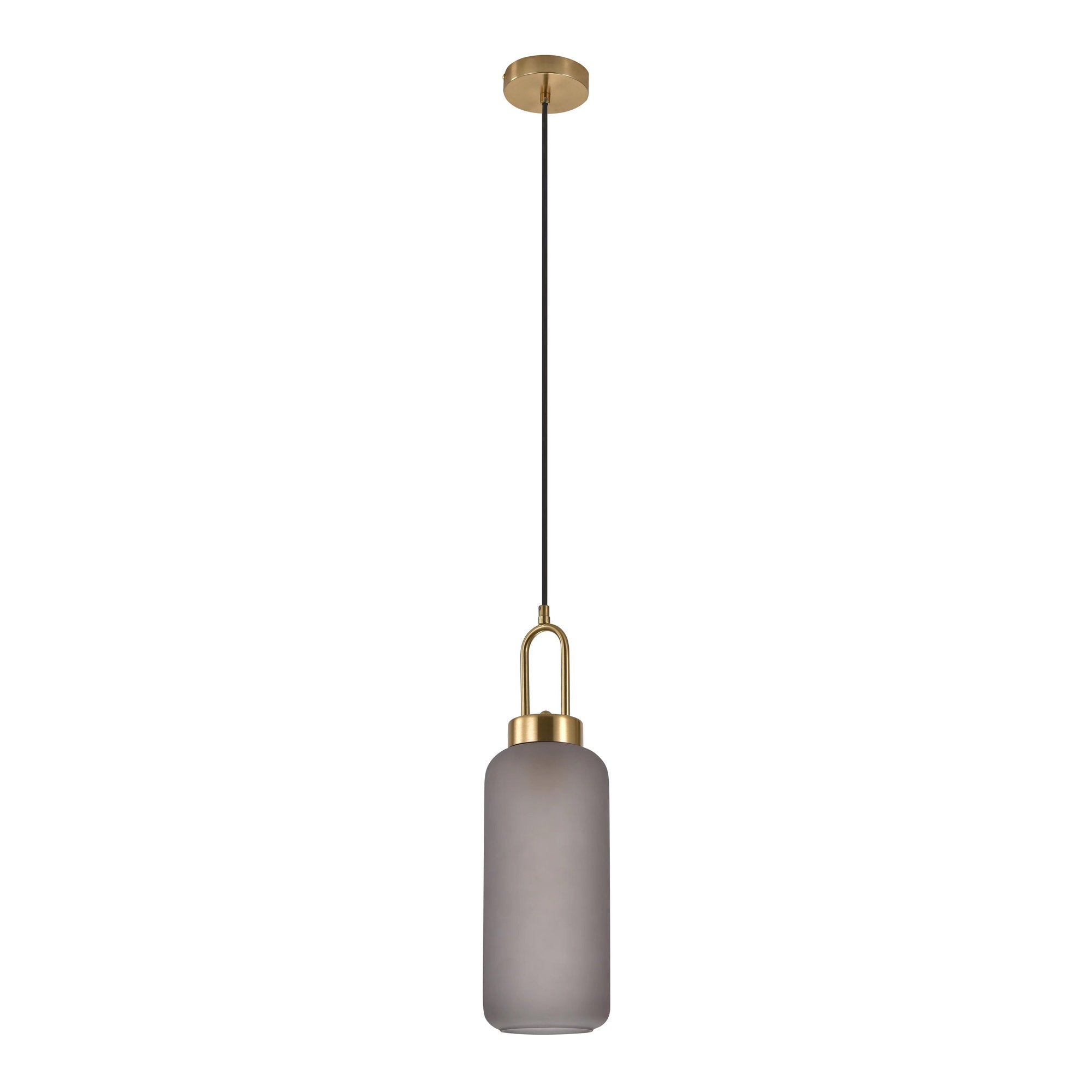 Luton Hanglamp – Cilindervormige hanglamp van mat smoky glas met messingkleurige fitting Ø13 cm
