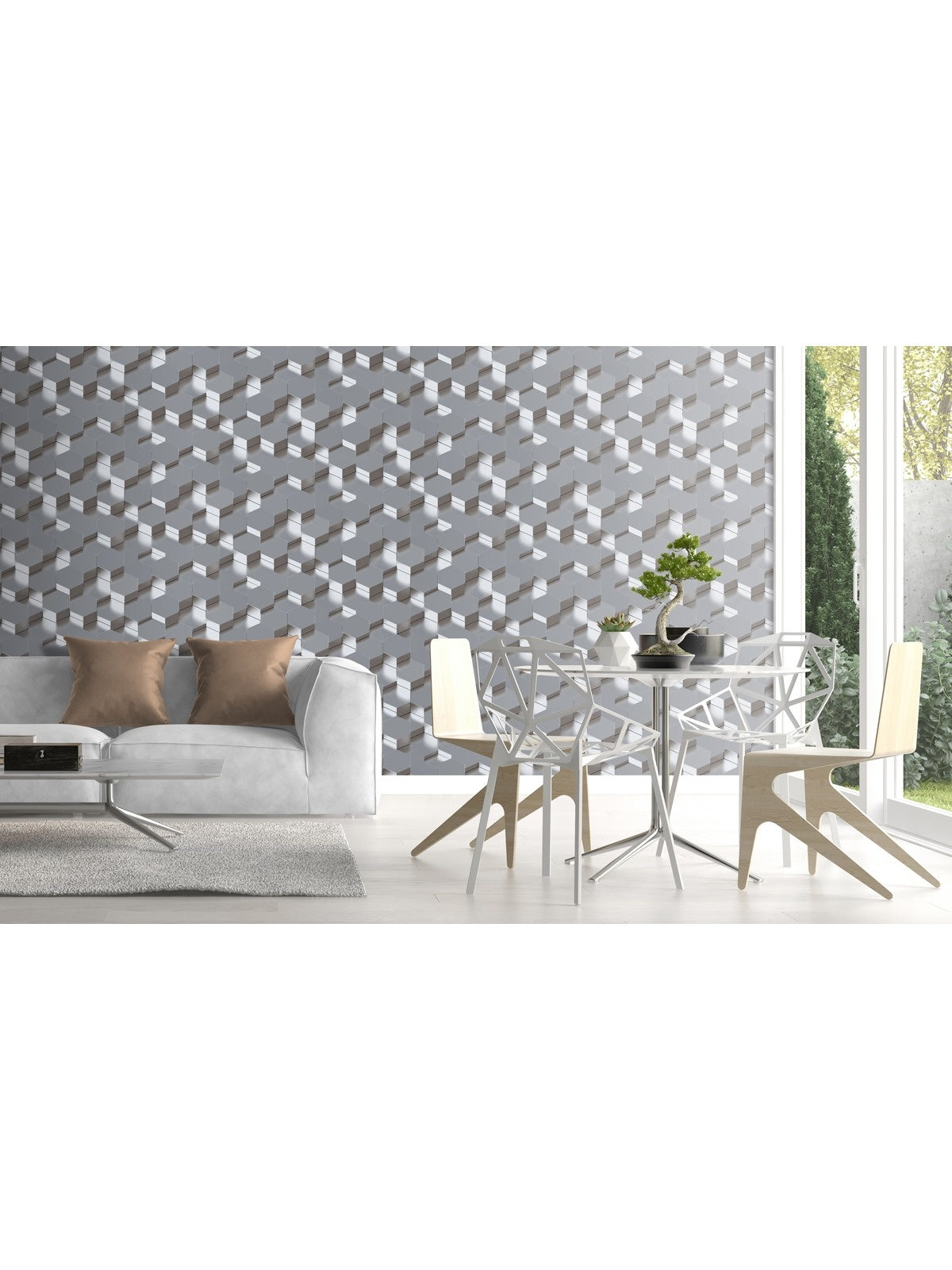 Behang Galactik 3D zeshoek zilver