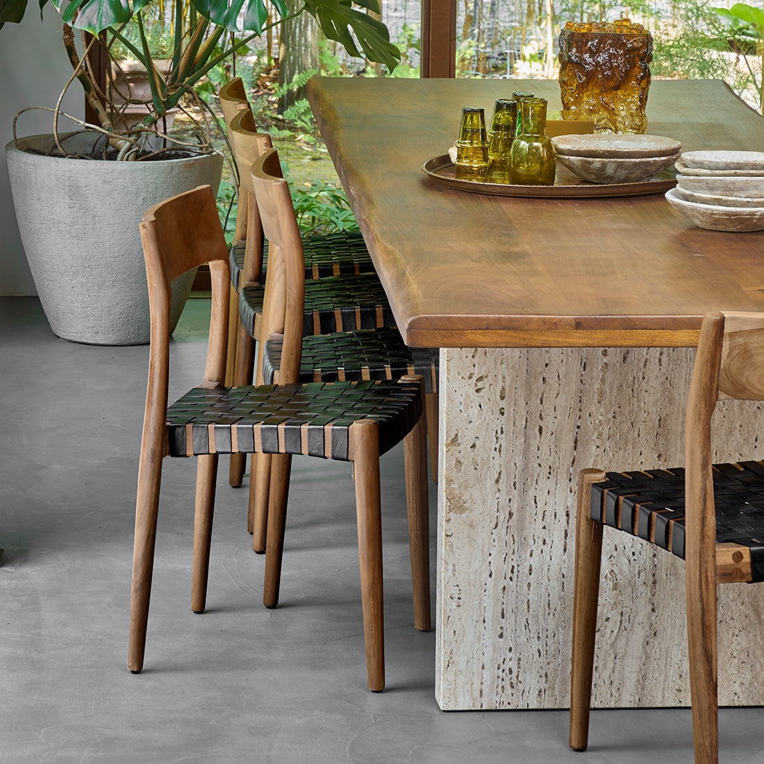 Freya teak eetkamerstoel met leer - Zwart (set van 2)