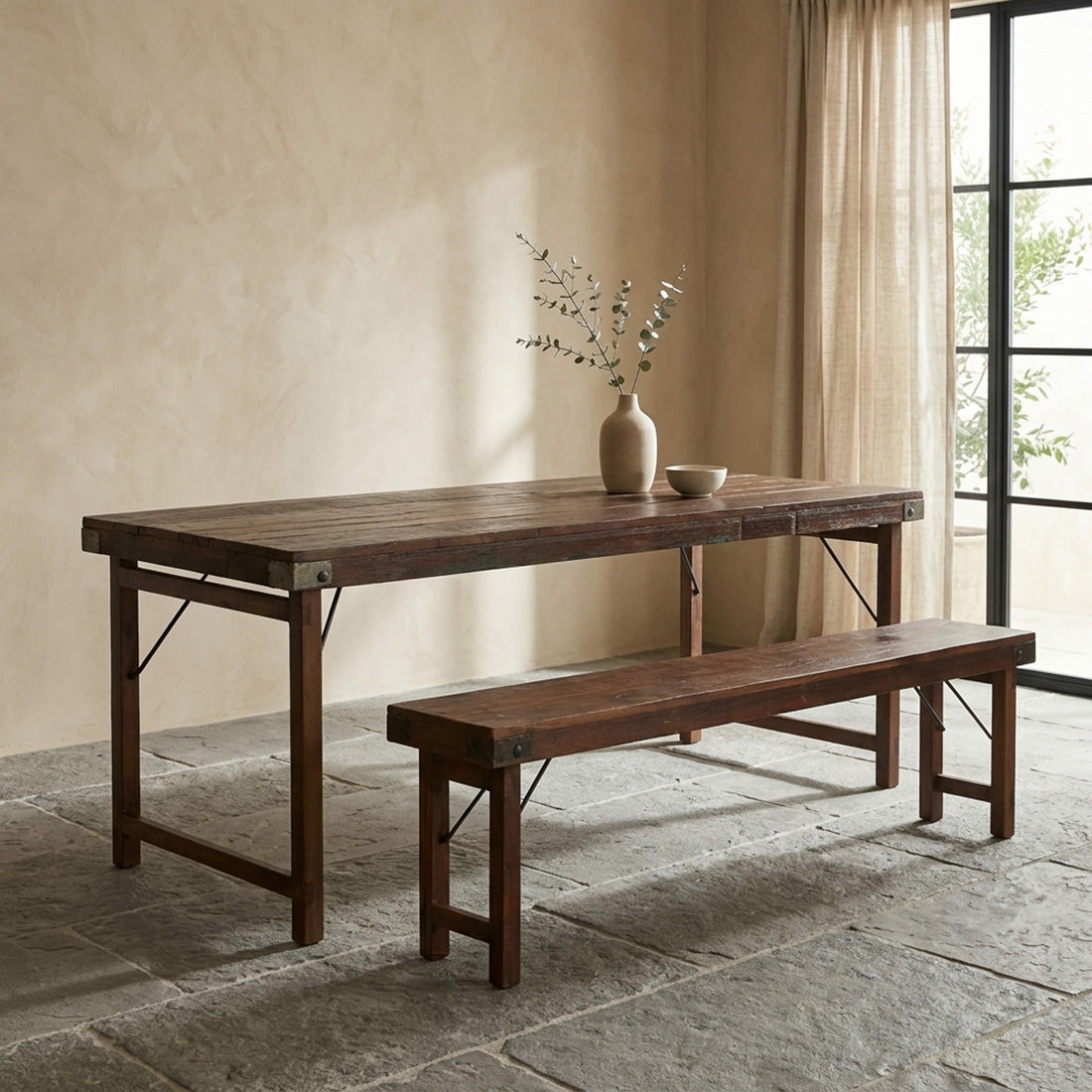 Inklapbare vintage eettafel XL - Gerecycled hout - 190x80x76 cm
