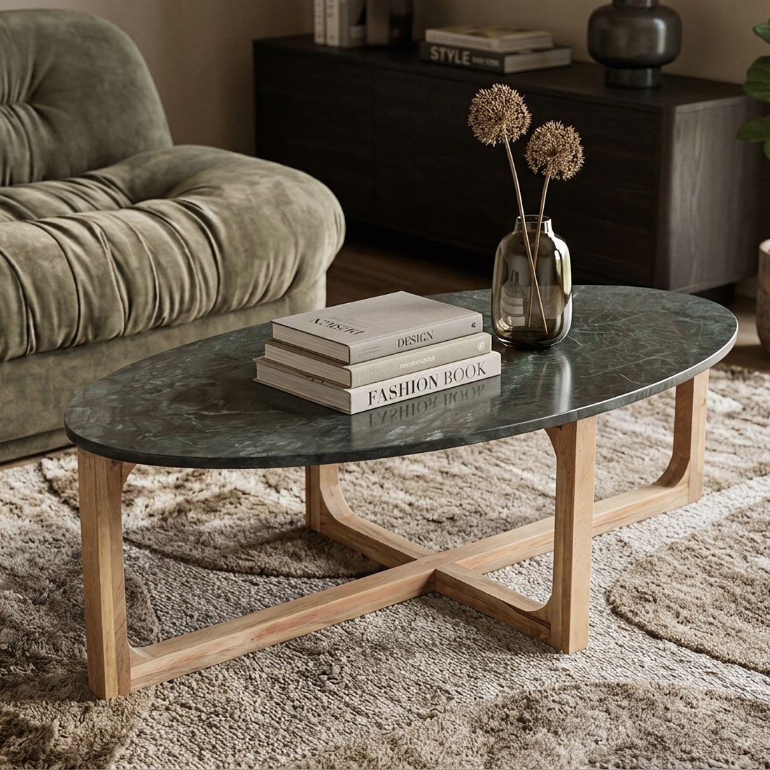 Ovale marmeren salontafel - Groen - 120x60x38 cm